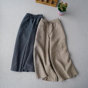 여성용 바지 Capris Spring Summer 여름 여성 캐주얼 올 매치 느슨한 느슨한 플러스 크기 일본 스타일의 짧은 스트라이프 리넨 바지 탄성 허리 와이드 LE