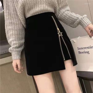 Röcke Koreanische Tweed Weibliche Sexy Star Zipper Dünne Kurze Rock Frauen Herbst Winter Hohe Taille A-Line Bodycon Elegante Büro Dame