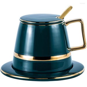 Tazze Piattini Tazza da caffè con smalto verde e piattino Set Tazza da tè in porcellana con coperchio Cucchiaio Set regalo da tè in ceramica