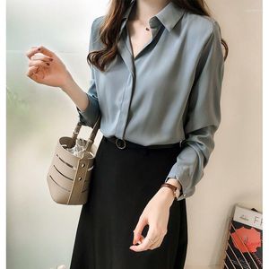 Women's Polos Womens Tops And Blouses Spring Elegant Casual Loose Satin Silk Shirts Femme Oversized Long Sleeve Soild V Neck Shirt For Women