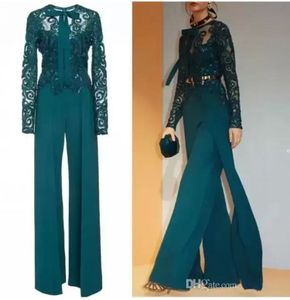 Hunter Green Jumpsuits Mother of the Bride aftonklänningar Långärmar Lace Appliqued Women Garment Outfit Prom Clows 2023 BC14224