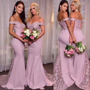 Lilac 2023 Light Mermaid Bridesmaid Dresses Off The Shoulder Lace Applique Sweep Train Beach Plus Size Wedding Guest Gowns Custom Made Formal Evening Wear