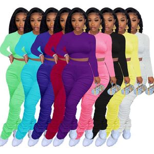 Designer S-XXXL Women Tracksuits Spring Autumn Fashion Pleated Pile Pants Set High midje Elastic Flare Pants Two Piece Set Outfits 9 Färger