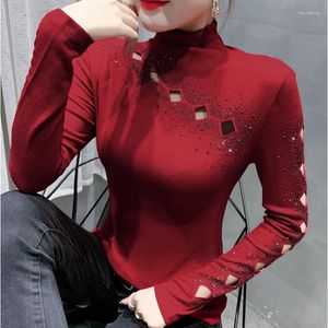 Kvinnors T-skjortor Autumn Long Sleeve Mesh Tops 2023 Fashion Casual Solid Color Woman Tshirts Elegant Slim Plus Size T-shirt Blusaas