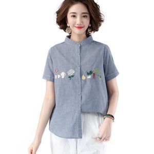 女性のブラウスブラウスの女性2023夏のビンテージ刺繍格子縞のシャツトップトップ半袖スタンドカラールーズカミザミュージャーシャツ