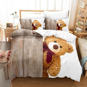 Bettwäsche Sets Hochqualität süßer Cartoon Teddybären Kinder Bett Wäsche Set 3D Tierbettclähne Bettdecke Doppelgröße