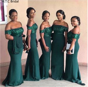 Off The Shoulder Dark Green Mermaid Bridesmaid Dresses Shiny Sequin Elastic Satin Plus Size Maid Of Honor Dress Long Formal Gown