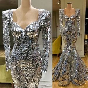 2022 Sparkly paljetter silver sj￶jungfru aftonkl￤nningar l￥nga ￤rmar arabisk aftonkl￤nning Dubai Long Elegant Women Formal Party Gala kl￤nningar