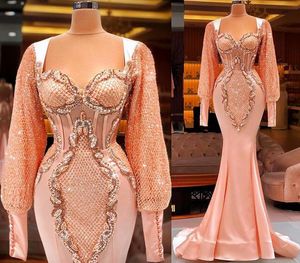 Long Sleeves 2023 Evening Dresses Mermaid Sweetheart Neck Ruffles Crystals Beaded Satin Sweep Train Plus Size Pleats Prom Gown Formal Custom Vestidos