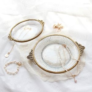 Plates French Retro Copper Strip Glass Tray Afternoon Tea Dishes Pastry Dish Cake Brass Mirror Decorative Plate