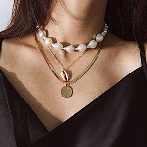 Pendant Necklaces Vintage Multilayer Metal Sea Shell Baroque Pearl Round Necklace Women Elegant Geometric Jewelry Kolye XR2347