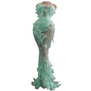 Palco usa malha sexy malha verde stromestoness pente transparente vestido de cauda longa senhora