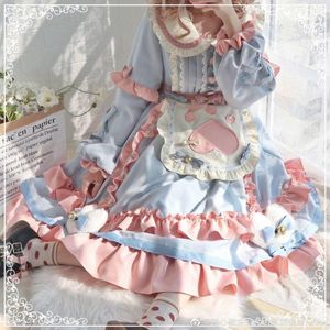 Casual Dresses Coolfel Japanese Women Lace Maid lolita klänning söt rosa båge ruffle långärmad blå prinsessa vintage söt älva