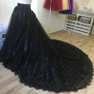 Röcke Schwarzer Tüll-Hochzeitsrock, abnehmbare Schleppe, Spitze, appliziertes Braut-Tutu, langer Überrock für Kleiderröcke