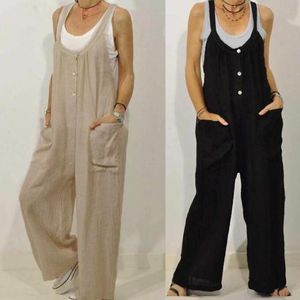 Kobiety Jumpsuits Rompers 5xl Kobiety stały kolor przyciskowy kieszenie bawełniane lniane kombinezon bib