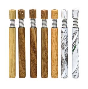 Cigarette Smoking Pipe Wood Grain Portable Metal Spring Bat Pipes One Hitter Mini Hand Tobacco Holder Tube Filter Snuff Snorter Smoking Accessories