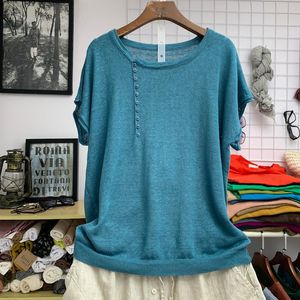 Women's T Shirts Cotton Linen Knitted Lightweight Women T-Shirts Summer Vintage Solid Loose O-Neck Batwing Sleeved Casual Female Pulls Tops