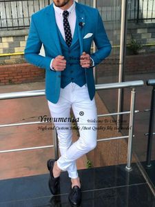 Men's Suits Jacket And Pants Blue Formal Mens Wedding Tuxedos Grooms Bride Men Dinner Wear Blazers Outfits Sets Business Suit 3 Pieces &