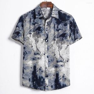 Mäns casual skjortor M-5xl Mens Ethnic Short Sleeve Printing Hawaiian Shirt Blue Men's Cotton Linen Top Z0316