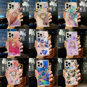 Square Box Clear Electroplating Marble Flower Cases Soft TPU Trunk Laser Metal Decoration Corner With Bracket Ring Stand For iPhone 14 13 12 11 Pro XR XS Max X 8 7 6 Plus