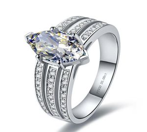OEM Solid Silber 3CT Marquise Ring Schmuck Hochzeit Frauen 3Line Band gepflasterte Wei￟goldfarbe Synthetische Diamanten Verlobungsring1154381