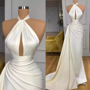 Ivory Halter Long Evening Prom Dress With Split Detachable Train Sheath Keyhole Neck Pleats Ruffles Long Vestidos de fiesta Formal Occasion Gowns 2023