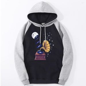 Мужские капюшоны Луны Музыкальная коробка мода печать Raglan Street Hip Hop Man Man Hooded Осень теплый флис 2023 Смешные крутые толстовок Мужчины