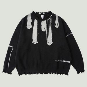 Хип-хоп вязаные свитера мужские винтажные уличная одежда с дырками повседневный пуловер с круглым вырезом унисекс