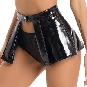 Röcke Mode Damen Glänzendes Latex-Leder Mini-Wet-Look vorne offen mit einem Knopf für Club-Rave-Party-Karnevalskostüm