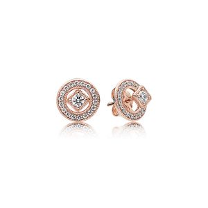 Orecchini a bottone vintage a cerchio in oro rosa 18 carati con scatola originale per gioielli Pandora in vero argento sterling con gioielli per donne e ragazze, set di orecchini di fidanzamento con diamanti CZ