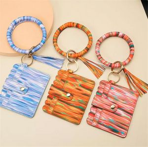 Shiny PU Leather Card Bag Keychains Party Bracelet Keychain Wallet With Tassels String Bangle Key Ring Holder Wristlet Handbag Lady Fashion Wholesale EE