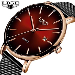 Zegarek zegarki na ręce na rękę LIGE TOP TOP Mesh Steel Red Business Quartz Watch Men Casual Waterproof Prosty zegar En.