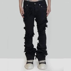 Jeans masculino moda flare masculino rasgado streetwear calça jeans preta fitas longas tendência homem