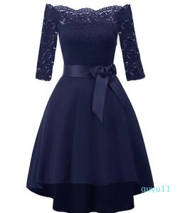 Ladies Lace Evening Dress Sleeve Bow Off Shoulder Short Sleeve High Low Hem Club Fashion