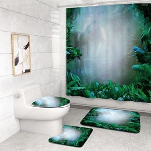 Bath Accessory Set Mysterious Forest Mushroom Print Shower Curtains Rug Non Slip Mat Kitchen Toilet Cover Carpet 4 Piece Bathroom