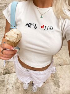 Women s T Shirt Y2k Clothes Cropped Tops O Neck Tee y2k Crop top Kawaii Baby Short Sleeve Vintage Letter Fairy Trash Accessory 230109