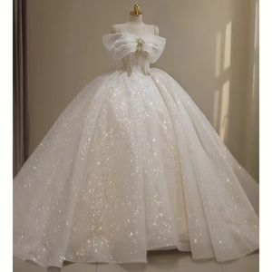 Vestido de noiva brilhante com apliques de lantejoulas Long blingbling Dubai Arábia Saudita Vestido de baile Vestidos de noiva ombro a ombro abertos nas costas Vestidos de noiva