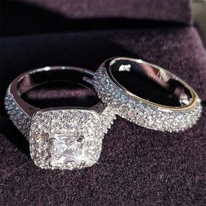 Bröllopsringar Par Princess Square Diamond Set Ring European och American Fashion Luxury Engagement Smycken för kvinnor Storlek 5-12