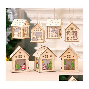 Christmas Decorations Led Candle Light Wood House Hanging Tree Ornament Diy Home Holiday Decoration Nice Wedding Xmas Festival Gift Dhw39