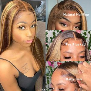 Nxy Lace Wigs Highlight Human Hair 30 Inch Honey Blonde Ombre Straight Front 13x4 Hd Frontal for Black Women 230106