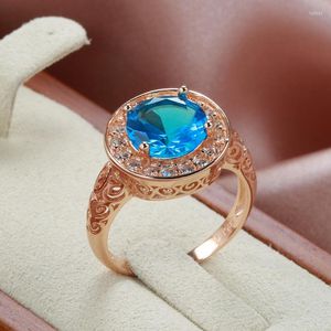 Cluster Rings Luxury Blue Zircon For Women 585 Rose Gold Circle White Spire Hollow Glossy Wedding Party Unusual Jewelry