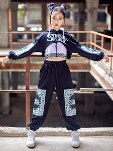 Bühnenkleidung Kpop Kinder Hip Hop Kostüm Schwarz Kapuzen Crop Tops Hosen Teenager Mädchen Kleidung Jazz Performance Outfit Moderne Streetwear BL9082