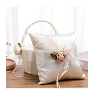 White Wedding Flower Basket Ring Pillow Set with Silk Rose Bride Girl Baskets H-5778c