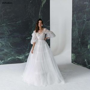 Wedding Dress Illusion Beach Dresses A Line Tulle Applique Short Sleeves Bridal Gowns Sexy Backless Sweep Train Forma