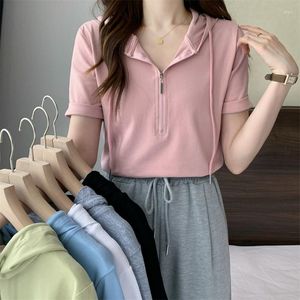 Women's Polos 2023 Summer Fashion Blouse For Women Short Sleeve Hooded Solid Zipper Polo Shirt Versatile Ladies Casual Office Lady Tops