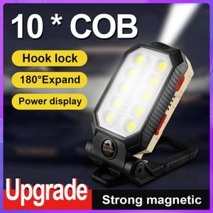 Lanternas Tochas Recarregável Forte Magnética Luz de Trabalho LED COB Lanterna Portátil Dobrável Impermeável Camping Flash Light Com Exibição de Energia 0109