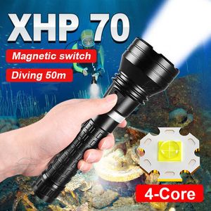 Flashlights Torches Diving Flashlight XHP70 High Power Dive Flashlight Tactical Self Defense Camping Lantern Rechargeable Diving Torch Work Light 0109