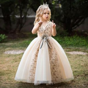 Flickaklänningar Teen Champagnelace Flower Dress for Wedding Party 4-14 år 1: a nattvardsdräkt Kid Pageant Flound Längd klänningar