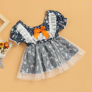 Girl Dresses FOCUSNORM 0-18M Baby Girls Sweet Dress Ruffles Sleeve Flowers Printed Mesh Stitching Bowknot A-Line Mini