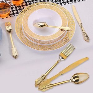 Zestawy naczyń obiadowych Rose Gold Plastic Doringable Strewa Stołka Deserowe Knoje Forks Spoon Wedding Birthday Dekoracja Dekoracja Zestaw sztućców